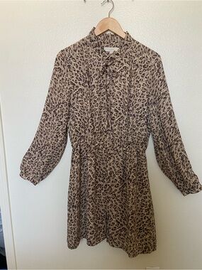 LOFT Beige Leopard Print Tie-Neck Mini Dress